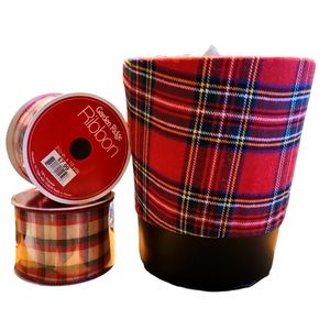 bundle of 2 rolls of Plaid ribbon(New) & plaid fabric planter